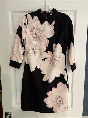 Ted Baker London Black Midi Dress with Pale Pink Floral Print